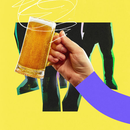 Modern graphic design. Hand holding glass of beer in front of silhouetted figures standing on dynamic yellow background. Concept of alcohol drinks, party, relaxation, Friday mood.の写真素材