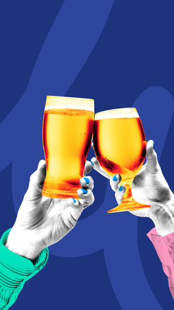 Conceptual graphic design. Hands clinking beer glasses, vibrant composition celebrating holiday...