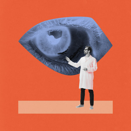 Contemporary art collage. Doctor in white coat gestures at detailed blue eye on bold orange. Modern artistic depiction of sight and medical care. Concept of medicine, sense human organs, health care.の写真素材