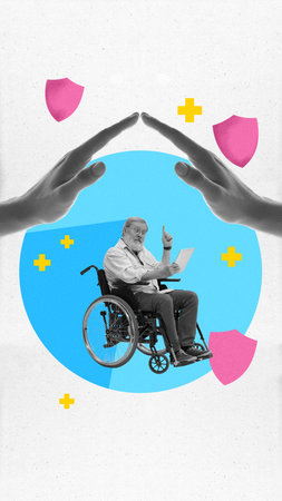 Contemporary art collage. Elderly man in wheelchair using tablet under protective hands with health...