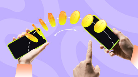 Contemporary art collage. Two phones transferring coins, symbolizing seamless digital transactions...