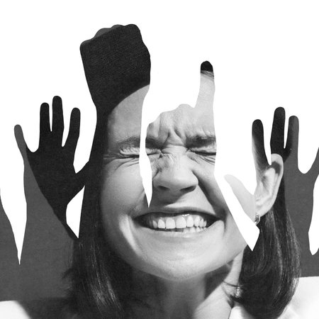 Conceptual graphic design. Woman smiling with closed eyes, hands layered over face, embodying...