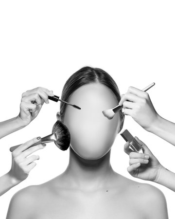 Contemporary art collage. Faceless model with various makeup tools applied to face showcasing collaborative artistry in makeup. Concept of natural beauty, spa procedures, cosmetology. Adの写真素材