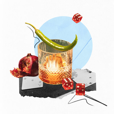 Contemporary art collage. Whiskey glass garnished with chili pepper, pomegranate, dice, and cards, symbolizing daring moments of Friday fun. Concept of party, festive mood, summer.の写真素材