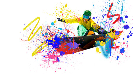 Conceptual art collage. Snowboarder in yellow jacket, green pants, balanced in air, colorful background symbolizing creativity and thrilling ride. Concept of winter sport, lifestyle, creativity. Adの写真素材