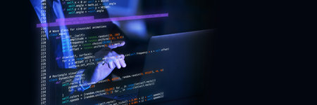 Hands pointing at glowing fictional code lines, representing virtual programming environment...