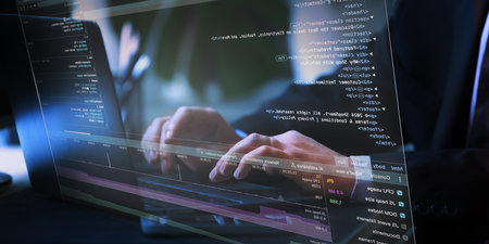 Specialist interacting with holographic interface, examining set of graphical performance data and code blocks, suggesting high-level programming or system optimization. Concept of applications. Adの写真素材