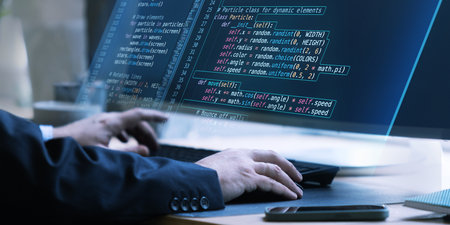 Close-up view of virtual coding screen with fictional code, showcasing problem-solving and...