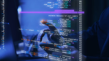 Hands pointing to fictional code in virtual space, representing interactive and immersive approach...