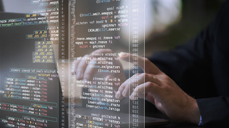 Fictional code projected on virtual screen, with hands interacting, symbolizing collaboration and creativity in digital innovation process. Concept of IT solutions, applications, SEO copywriting. Adの写真素材