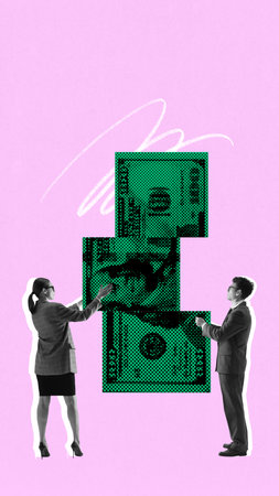 Modern art collage. Man and woman connect giant dollar bills on pink background, representing financial transaction or merging of assets. Concept of business, cooperation, partnership, finance. Adの写真素材