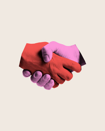 Contemporary art collage. Two hands in red and pink firmly shaking, representing agreement or connection in otherwise surreal and disconnected atmosphere. Concept of absurd and communication.の写真素材
