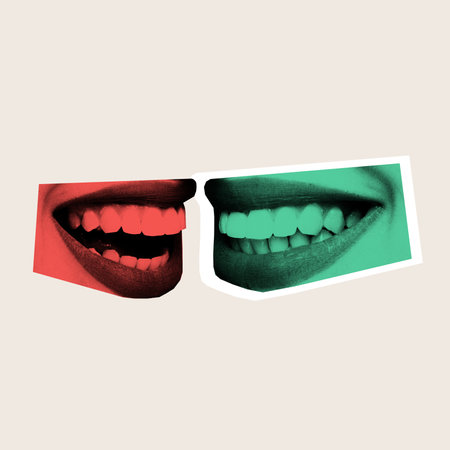 Modern artwork. Smiling mouths in red and green facing each other, expressing joy and absurdity in...