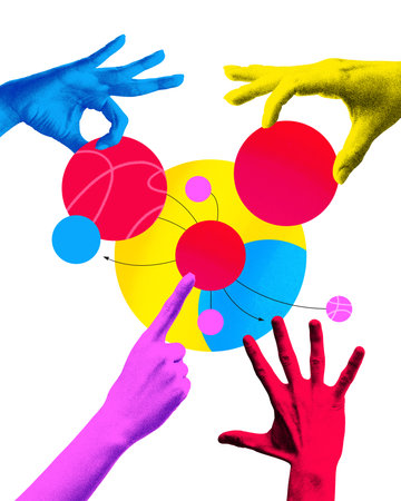 Conceptual art design. Colorful hands reach towards central network of interconnected circles, symbolizing dynamic flow of shared information. Concept of business, teamwork, partnership.の写真素材