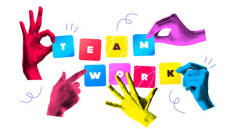 Contemporary art collage. Hands, vibrantly colored, arrange blocks to spell TEAMWORK, with playful lines accentuating collaborative effort and shared accomplishment. Concept of business, partnership.の写真素材