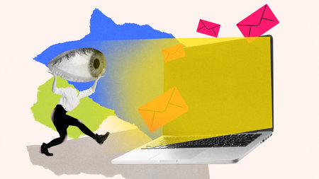 Contemporary art design. Person running with oversized eye toward laptop emitting envelopes, symbolizing speed and attention in digital communication. Concept of social media, Internet. Adの写真素材