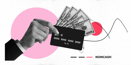 Modern art collage. Hand holding credit card with cash, symbolizing integration of digital payments...