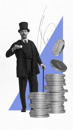 Modern art collage. Businessman in vintage attire with coffee near coins, showing balanced approach...