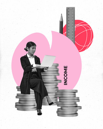 Modern art collage. Woman sitting on stacked coins with laptop and INCOME, representing professional growth, financial stability, and productivity in business. Concept of banking, management. Adの写真素材