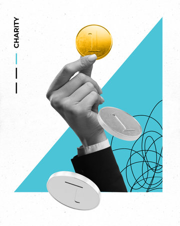 Modern art collage. Hand holding golden coin with floating silver coins near CHARITY, symbolizing...