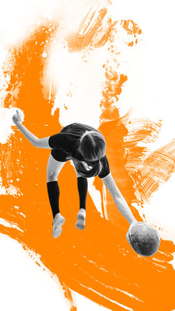 Contemporary art collage. Female handball player reaching out, gripping ball, moving dynamically, against vibrant orange brushstroke background. Concept of sport, movement, hobby. Adの写真素材