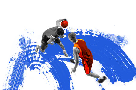 Modern art design. Basketball players in one-on-one duel, attacker dribbling, defender preparing to block against abstract blue paint stroke background. Concept of sport, movement, hobby. Adの写真素材