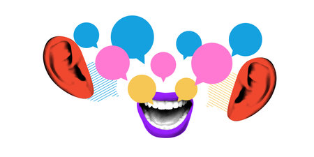 Creative art collage. Large purple lips with speech bubbles and red ears illustrate dynamic...