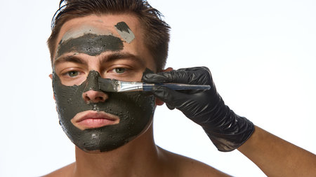 Cosmetologist applying moisturizer clay mask on face of handsome young man against white studio background. Skin care treatment. Concept of selfcare and love, natural beauty, cosmetology.の写真素材