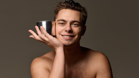 Shirtless young man holding sleek metallic container, looking directly, suggesting high-end grooming and self-care against brown studio background. Concept of selfcare, natural beauty, cosmetology.の写真素材