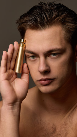 Serious young man holding gold spraying bottle of aromatizing perfume near forehead, against brown studio background. Concept of selfcare and love, natural beauty, cosmetology.の写真素材