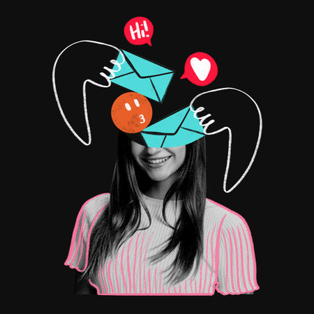 Conceptual art design. Smiling woman, with floating blue envelopes, chat bubbles, and abstract hands interacting with messages inside her head. Concept of social media, Internet, blogging. Adの写真素材