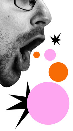 Conceptual graphic design. Black-and-white face with open mouth, colorful bubbles and star shapes...