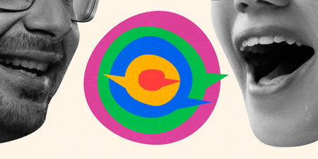 Modern graphic design. Two faces smiling and speaking, vibrant layered speech bubbles in rainbow...