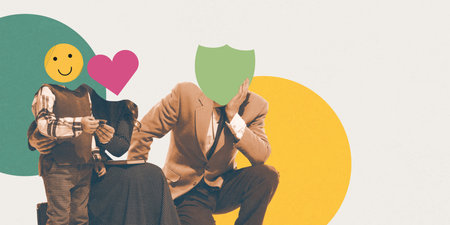 Conceptual art design. Family scene with child having smiling face, mother with heart, and father...