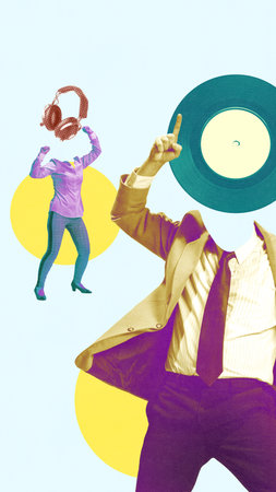 Conceptual art design. Man in suit with vinyl record instead of head with woman in dance pose wearing headphones, both symbolizing passion for music and movement Concept of abstract, teamwork. Adの写真素材