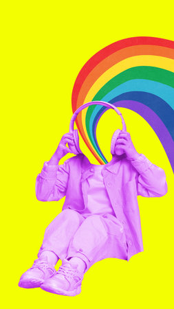 Conceptual art design. Person sitting in headphones with rainbow emerging from head symbolizing creativity, imagination, and musics emotional impact, Concept of abstract representation of teamwork.の写真素材