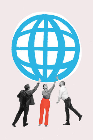Team holding up globe. Global connection, networking, and international communication, symbolizing worldwide unity through technology. Conceptual art collage. Concept of business, networkingの写真素材