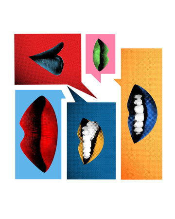 Abstract art collage. Lips in speech bubbles with contrasting expressions highlight diversity of...