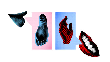 Abstract art collage. Speech bubbles containing lips, foot, and hand, showcasing expressive nature of movement, gestures, and posture. Concept of communication, sharing ideas and feedback.の写真素材