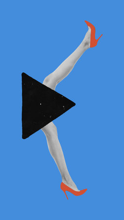 Conceptual art design. Play button with high-heeled legs symbolizing digital entertainment, video streaming, and multimedia engagement. Concept of social media, information,network. Adの写真素材