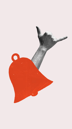 Conceptual art design. Hand making hang loose sign behind bell symbolizing notifications, social media alerts, and online updates. Concept of social media, information,network. Adの写真素材