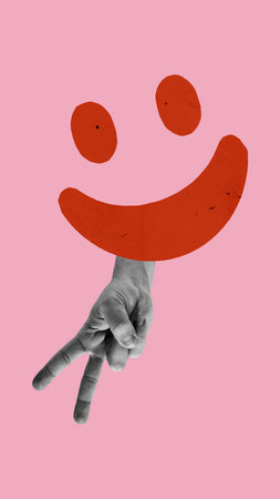 Conceptual art design. Peace sign hand with smiling face symbolizing positive online interactions,...
