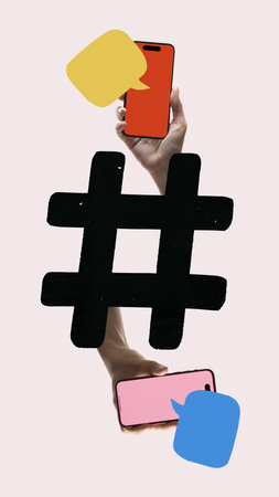 Conceptual art design. Hashtag with two hands holding smartphones and speech bubbles symbolizing trending topics, digital conversations, and online discussions. Concept of social media, network. Adの写真素材