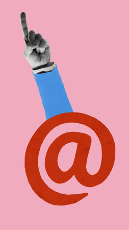 Conceptual art design. Raised index finger behind email symbol representing digital notifications,...