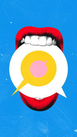 Contemporary art collage. Large red lips hold layered speech bubbles, illustrating complexity of...
