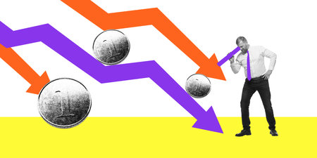 Creative art collage. Businessman with purple tie observes falling coins and downward arrows...