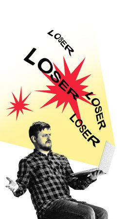 Creative artwork. Blogger looks at screen as words attack him, facing nonstop criticism, struggling...
