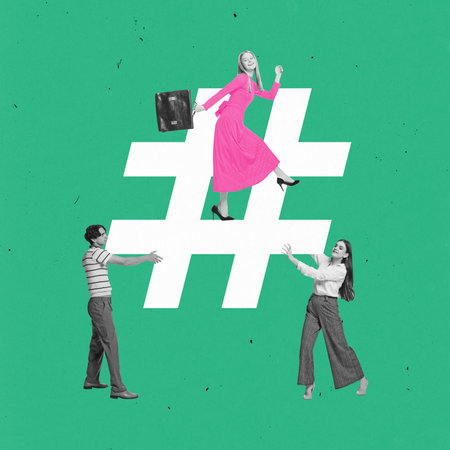 Contemporary art collage. Woman in pink dress walking on giant hashtag, two people reaching out below against green background. Concept of social media engagement, digital influence, and teamwork.の写真素材