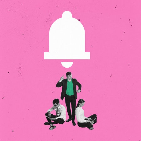 Contemporary art collage. Group of business professionals, standing below large white bell icon against pink background. Concept of notifications, digital alerts, and corporate communication.の写真素材
