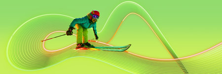 Banner. Sport collage. Skier in vibrant winter gear carving through snow with motion lines capturing...